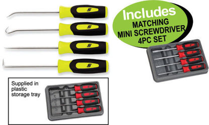 Picture of XXDEC105 Mini Pick Set (4pc) HI-VIZ Handle Includes MATCHING MINI SCREWDRIVER  4PC SET
