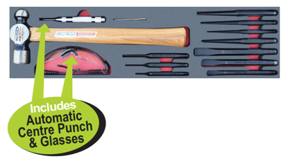 Snap-on Blue XXJUN204 Ball Peen Hammer & Punch & Chisel Set in foam Includes Automatic Centre Punch & Glasses