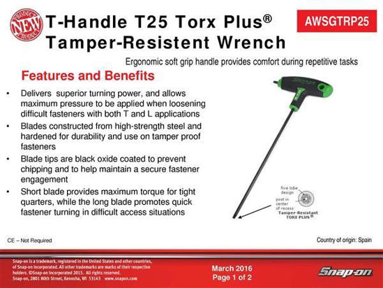 Wrench Tamper-Resistant T-Handle T25 Torx Plus