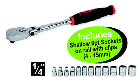 XXMAY226 1/4" Flex Head Soft Grip Ratchet  Includes Shallow 6pt Sockets on rail with clips (4 - 15mm)