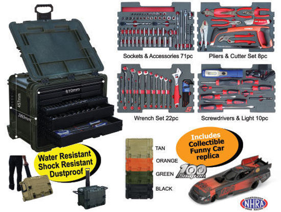 XXJUN271 1/4 & 3/8 111pc IMPERIAL Equivalent Portable All-Weather Composite Tool Chest  Includes Collectible Funny Car Replica