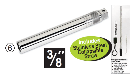 Snap-on XXFEB208 3/8" EXTRA LONG 6 Point Spark Plug Socket (14mm) Includes Stainless Steel  Collapsible Straw