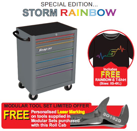 Snap-on XXFEB242 STORM RAINBOW 7 drawer Standard Rollcab with FREE Personalised Laser Marking on tools supplied in Modular Sets