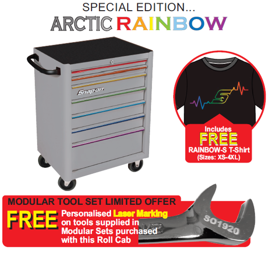 Snap-on XXFEB243 ARCTIC RAINBOW 7 drawer Standard Rollcab with FREE Personalised Laser Marking on tools supplied in Modular Sets