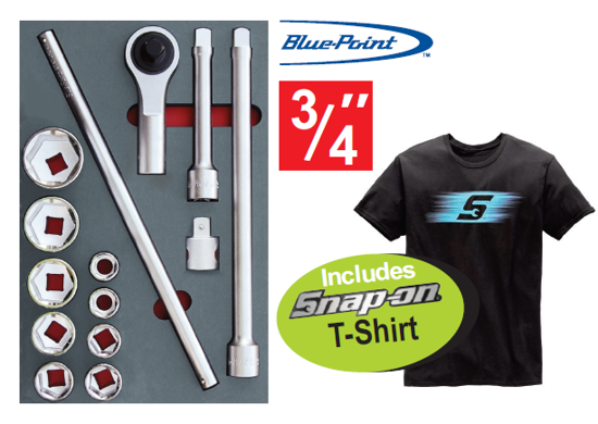 Snap-on Blue XXMAR201 3/4" General Service Set 13pc in foam (6pt Sockets) includes Snap-on T-Shirt M