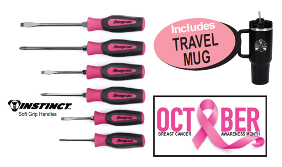 XXOCT191 Snap-on 6 Piece Pink INSTINCT Screwdriver Set with Flannel Blanket or Travel Mug | Breast Cancer Awareness