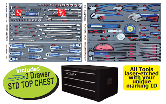 Snap-on Blue 111pc Tool Set with Foam Inserts + 3-Drawer Top Chest