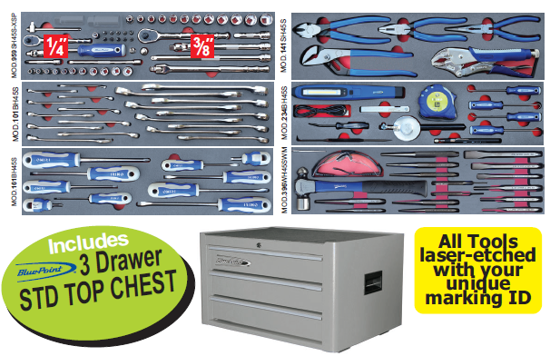 Snap-on Blue 111pc Tool Set with Foam Inserts + 3-Drawer Top Chest