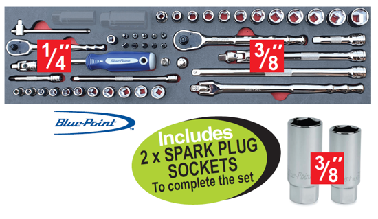XXNOV128 Snap-on Blue 1/4" 3/8" Socket & Accessory Set with Spark Plug Sockets | 50pc Tool Kit