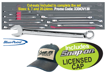 XXNOV111 Snap-on Blue 12pc Combination Spanner Set with Licensed Cap | Professional Tool Set