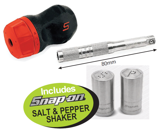XXDEC111 Snap-on Soft Grip Ratcheting Stubby Screwdriver with Magnetic Bit Holder & Salt and Pepper Shaker Set