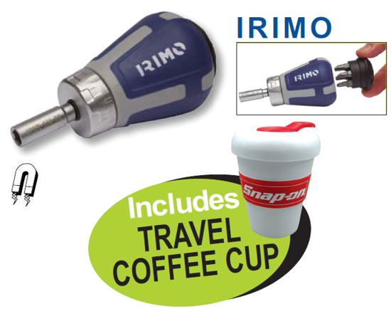 XXDEC112 Snap-on Blue IRIMO Stubby Ratcheting Screwdriver with Travel Coffee Cup