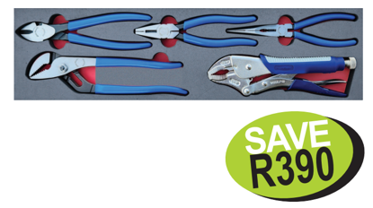 XXFEB210 Snap-on Blue 5pc Plier Set in Foam - Professional Tool Set with Waterpump, Locking, Combination, Long Nose Pliers and Side Cutter