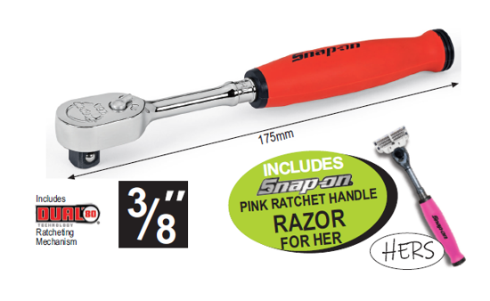 Snap-on ratchet, 3/8 inch ratchet, soft handle ratchet, dual 80 technology, 72-tooth gear, pink razor for her, professional tools