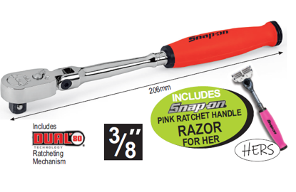XXFEB213 Snap-on 3/8" Soft Red Handle Flex-Head Ratchet with Pink Razor