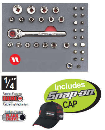 XXAPR209 XXAPR208 1/4" Low-Profile Ratchet, Socket & Bit Set Includes: Snap-on CAP