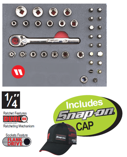 XXAPR209 XXAPR208 1/4" Low-Profile Ratchet, Socket & Bit Set Includes: Snap-on CAP