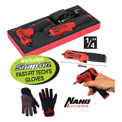 XXAPR281 XXAPR280 1/4" 3.6V Cordless Nano Axcess Pistol & Inline Driver Includes: Snap-on FAST-FIT TECH'S GLOVES