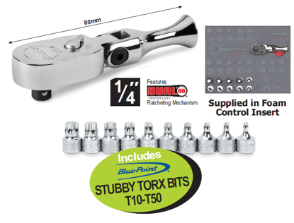 XXAPR231 1/4" Stubby Flex-Head Ratchet Includes Stubby TORX Bits T10-T50