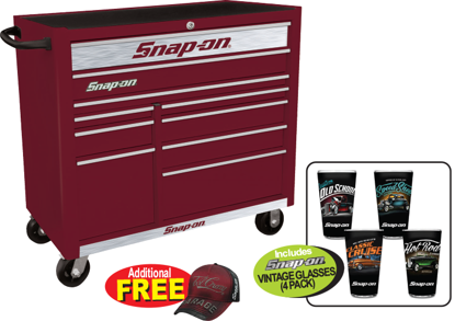 Snap-on Heritage 10 Drawer Wide Cranberry Roll Cabinet with Chrome Trim and Brushed Silver Front - Snap-on