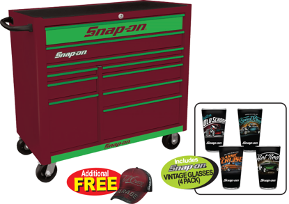 Snap-on Heritage 10 Drawer Wide Cranberry Roll Cabinet with Green Trim and Green Front - Snap-on