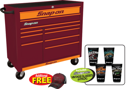 Snap-on Heritage 10 Drawer Wide Cranberry Roll Cabinet with Orange Trim and Orange Front - Snap-on