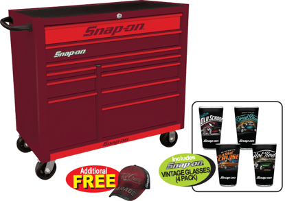 Snap-on Heritage 10 Drawer Wide Cranberry Roll Cabinet with Candy Red Trim and Candy Red Front - Snap-on