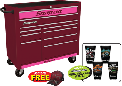 Snap-on Heritage 10 Drawer Wide Cranberry Roll Cabinet with Silver PVC Trim and Pink Front - Snap-on