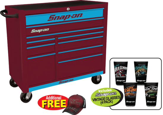 Snap-on Heritage 10 Drawer Wide Cranberry Roll Cabinet with Bright Blue Trim and Cyan Front - Snap-on