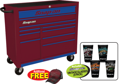 Snap-on Heritage 10 Drawer Wide Cranberry Roll Cabinet with Dark Blue Trim and Royal Blue Front - Snap-on