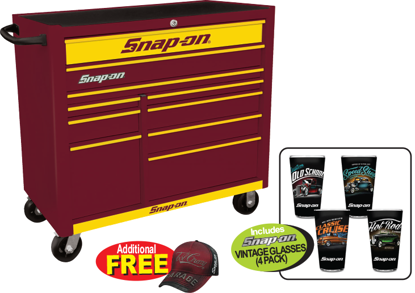 Snap-on Heritage 10 Drawer Wide Cranberry Roll Cabinet with Yellow Trim and Yellow Front - Snap-on