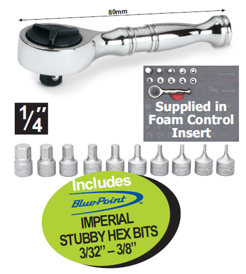 XXAPR233 1/4" Stubby Round Head IMPERIAL Ratchet Includes Stubby Hex Bits