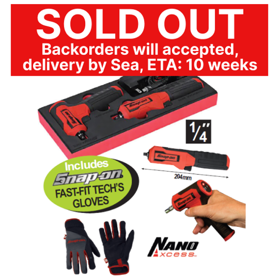 XXAPR281 XXAPR280 1/4" 3.6V Cordless Nano Axcess Pistol & Inline Driver Includes: Snap-on FAST-FIT TECH'S GLOVES