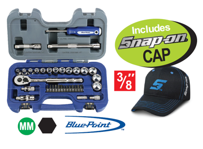 Get the Snap-on Blue 3/8" General Service Set (XXMAY210) on promotion, including a Snap-on Cap. This 35pc set features a quick release ratchet, spinner handle, extensions, universal joints, shallow sockets, adapter, bit holder, and common screwdriver bits.