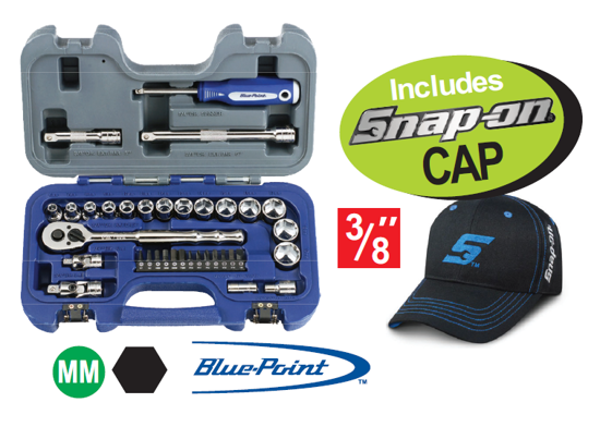 Get the Snap-on Blue 3/8" General Service Set (XXMAY210) on promotion, including a Snap-on Cap. This 35pc set features a quick release ratchet, spinner handle, extensions, universal joints, shallow sockets, adapter, bit holder, and common screwdriver bits.
