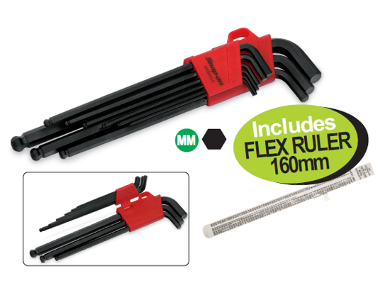 Get the Snap-on Extra Long Hex Key set (AWBMXL9 + B-1179-FLX) with sizes from 1.5mm to 10mm, featuring a ball type hex for easy access. Includes a plastic index and a FREE 160mm Flex Ruler. Promo Code: XXMAY212.