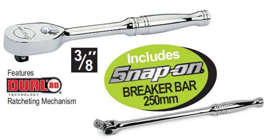 Get the Snap-on 3/8" Standard Handle Ratchet with Dual 80® Technology and a FREE Breaker Bar. Features 80-tooth gear, sealed head, contoured handle, and chrome finish. Promo Code XXMAY213.
