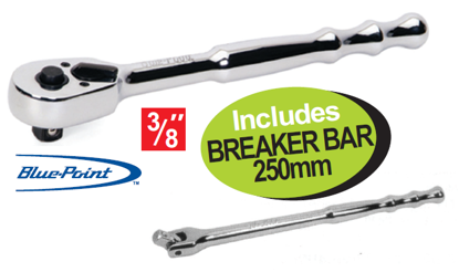 Get the Snap-on Blue 3/8" Quick Release Ratchet (BPRFR938) with a Blue-Point Breaker Bar 250mm (BLPBB3810) on promotion! Features quick-release button, contoured handle, and chrome finish. Promo Code: XXMAY214.