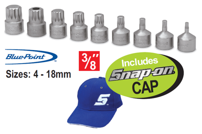 Get the Snap-on Blue 3/8" Triple Square Bit Sockets (9pc) with a free Snap-on Cap. These stubby bit sockets feature reduced fastener depth penetration for increased strength and improved fastener engagement. Sizes range from 4-18mm. Promo Code: XXMAY203.