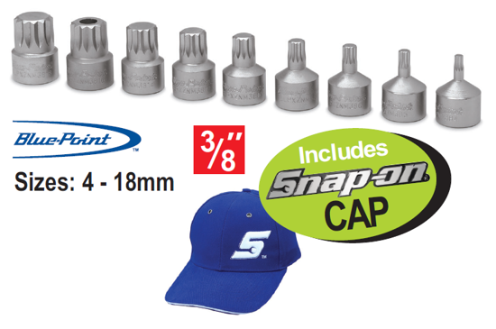 Get the Snap-on Blue 3/8" Triple Square Bit Sockets (9pc) with a free Snap-on Cap. These stubby bit sockets feature reduced fastener depth penetration for increased strength and improved fastener engagement. Sizes range from 4-18mm. Promo Code: XXMAY203.