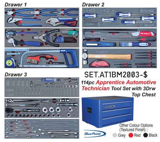Blue Point - SET.AT1BM2003-$ - 114Pc Apprentice Automotive Technician Tool Set in Foam Inserts with 3Drw Standard Top Chest