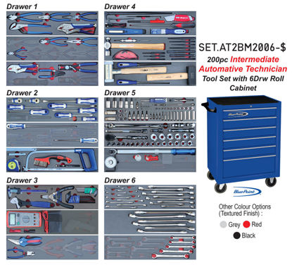 Blue Point - SET.AT2BM2006-$ - 200Pc Intermediate Auto Technician Tool Set in Foam Inserts with 6Drw Standard Roll Cab