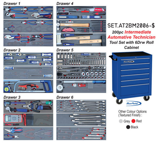 Blue Point - SET.AT2BM2006-$ - 200Pc Intermediate Auto Technician Tool Set in Foam Inserts with 6Drw Standard Roll Cab