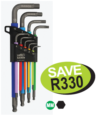 Get the BAHCO Long Hex Allen Key set (B-C1997LM/9P) with promo code XXMAY201. This 9-piece set features hexagonal tipped, coloured L-keys with ball ends, soft-touch grip, and corrosion protection. Save R330!