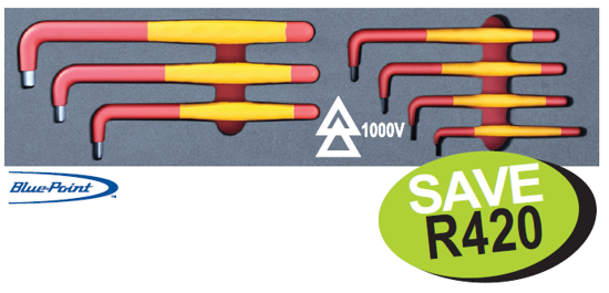 Get the Snap-on Blue Insulated Allen Key Set (MOD.291SH45S) on promotion (XXJUN214). This 7pc set (3-12mm) is 1000V rated, compliant with IEC 60900, and ideal for automotive, renewable energy, electronics, construction, utility, and electrical infrastructure applications. Protect yourself from electric hazards with these high-quality insulated tools.