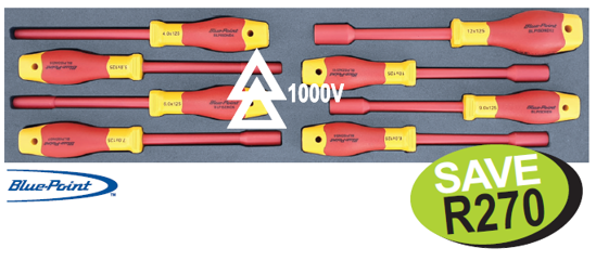 Get the Snap-on Blue-Point XXJUN218 Insulated Nut Driver Set, an 8-piece 1000V rated tool set for electrical safety. Ideal for automotive, renewable energy, construction, and utility sectors. Complies with IEC 60900.