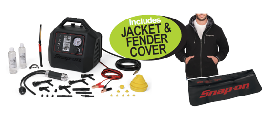 Get the Snap-on XXJUN260 Diagnostic EVAP Leak Detector Kit, including a jacket and fender cover. Quickly identify and locate EVAP leaks with precision, featuring an illuminated flowmeter, backlit touchpad switches, and an expanded accessory kit. Perfect for resolving check-engine codes and ensuring emissions compliance.
