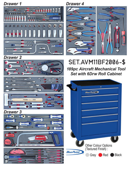 Blue Point - SET.AVM11BF2006-$ - 189Pc Aircraft Mechanical Tool Set with 6Drw Blue Point Roll Cabinet KRB2006 (Imperial)