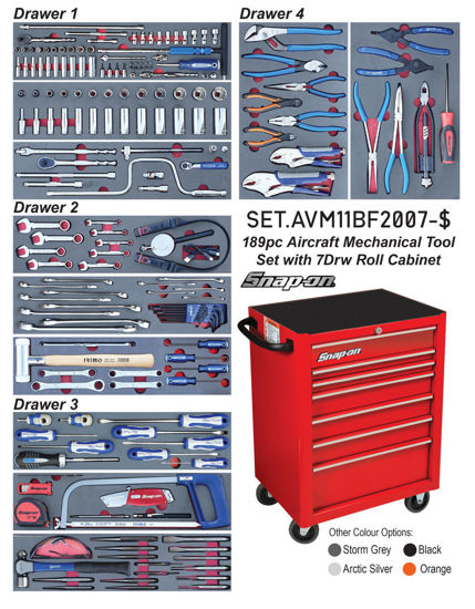 Snap-on BLue - SET.AVM11BF2007-$ - 189Pc Aircraft Mechanical Tool Set with 7Drw Snap-on Roll Cabinet KRA2007 (Imperial)