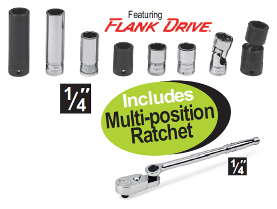 Get the Snap-on 1/4" 10mm Essential Socket Set (XXJUNE206) featuring Flank Drive® and Flank Drive® Xtra for superior turning power. Includes a multi-position ratchet and a variety of sockets for all your needs.